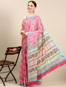 Vastranand - Floral Digital Designer Satin Saree- Pink with Unstitched Blouse