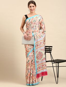 Vastranand - Floral Digital Designer Satin Saree-Teal with Unstitched Blouse