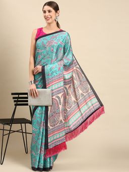 Vastranand - Floral Digital Designer Satin Saree- Aqua with Unstitched Blouse