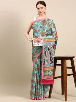 Vastranand - Floral Digital Designer Satin Saree- Green with Unstitched Blouse