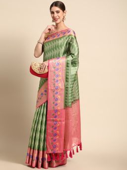 Vastranand - Chevron Pattern Woven Design Zari Tissue Silk Banarasi Saree with Unstitched Blouse