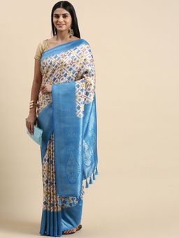 Vastranand - Geometric Printed Woven Zari Border Designer Silk Blend Saree with Unstitched Blouse
