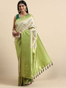 Vastranand - Geometric Printed Woven Zari Border Designer Silk Blend Saree with Unstitched Blouse