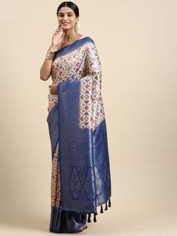 Vastranand - Geometric Printed Woven Zari Border Designer Silk Blend Saree with Unstitched Blouse