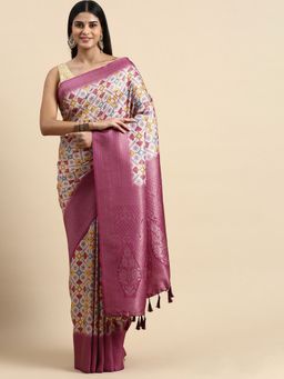 Vastranand - Geometric Printed Woven Zari Border Designer Silk Blend Saree with Unstitched Blouse