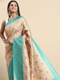 Vastranand - Geometric Printed Woven Zari Border Designer Silk Blend Saree with Unstitched Blouse
