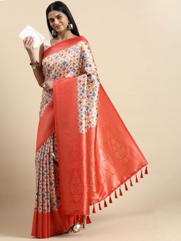 Vastranand - Geometric Printed Woven Zari Border Designer Silk Blend Saree with Unstitched Blouse