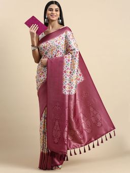 Vastranand - Geometric Printed Woven Zari Border Designer Silk Blend Saree with Unstitched Blouse