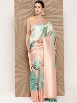 Vastranand - Floral Paisley Zari Woven Design Banarasi Saree With Tassel Border with Unstitched Blouse