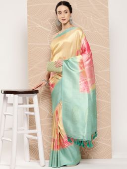 Vastranand - Floral Paisley Zari Woven Design Banarasi Saree With Tassel Border with Unstitched Blouse