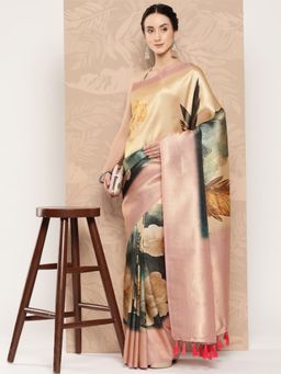 Vastranand - Floral Paisley Zari Woven Design Banarasi Saree With Tassel Border with Unstitched Blouse