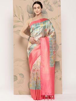 Vastranand - Floral Paisley Zari Woven Design Banarasi Saree With Tassel Border with Unstitched Blouse
