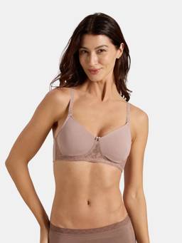 Jockey - Fe37 Wirefree Non Padded Cotton Full Coverage Bra with Lace Styling-Mocha