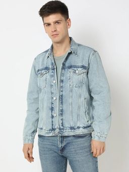 GAP - Men Blue Cotton Solid Collar Neck Denim Jacket