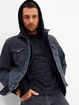 GAP - Men Black Cotton Solid Collar Neck Denim Jacket