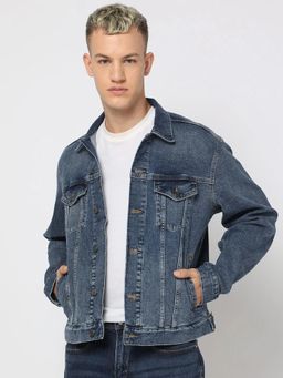 GAP - Men Blue Cotton Solid Collar Neck Denim Jacket
