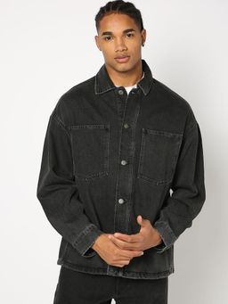 GAP - Men Black Cotton Blend Solid Collar Neck Denim Jacket