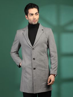 CHKOKKO - Men Grey Tweed Solid Notched Lapel Coat
