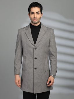 CHKOKKO - Men Grey Tweed Solid Notched Lapel Coat