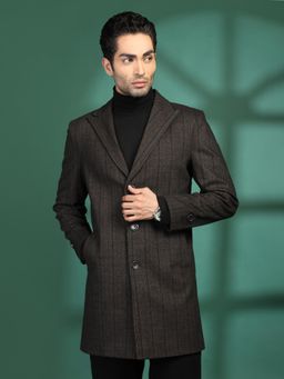 CHKOKKO - Men Brown Tweed Stripes Notched Lapel Coat