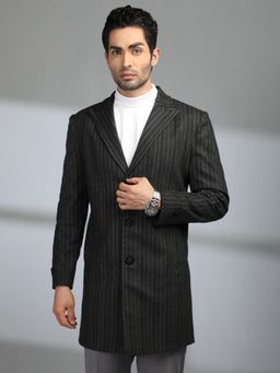 CHKOKKO - Men Black Tweed Stripes Notched Lapel Coat