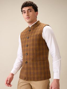 ColorPlus - Men Yellow Wool Blend Checks Round Neck Waist Coat