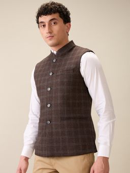 ColorPlus - Men Grey Wool Blend Checks Round Neck Waist Coat