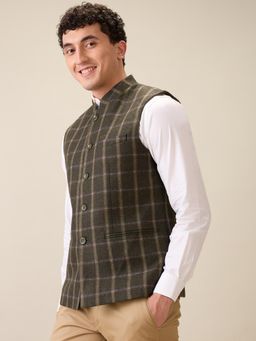 ColorPlus - Men Green Wool Blend Checks Mandarin Neck Jacket