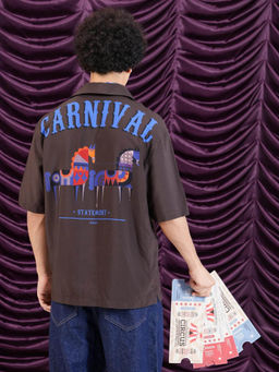 Rare Rabbit - Men Carn Ss Brown Oversized Fit Printed Shirt