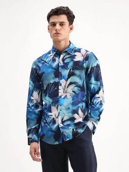 Rare Rabbit - Men's Crin Blue Regular Fit Floral Print Shirt