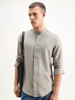 Rare Rabbit - Men's Drep Dusky Green Mandarin Neck Regular Fit Striped Shirt
