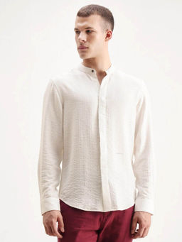 Rare Rabbit - Men's Drep White Mandarin Neck Regular Fit Striped Shirt