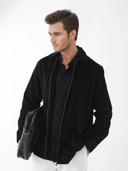 Rare Rabbit - Men's Drozz Black Zipper Closure Textured Shirt