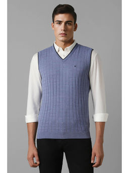 Louis Philippe - Men Light Blue Textured V Neck Sleeveless Sweater