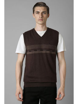 Louis Philippe - Men Brown Stripe V Neck Sleeveless Sweater