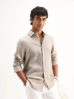 Rare Rabbit - Men's Mavi Beige Linen Fabric Regular Fit Plain Shirt