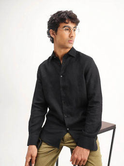 Rare Rabbit - Men's Mavi Black Linen Fabric Regular Fit Plain Shirt