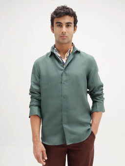 Rare Rabbit - Men's Mavi Dusky Green Linen Fabric Regular Fit Plain Shirt