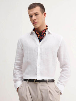 Rare Rabbit - Men's Mavi White Linen Fabric Regular Fit Plain Shirt