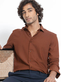 Rare Rabbit - Men's Me Brown Cotton Full Sleeves Solid Shirt