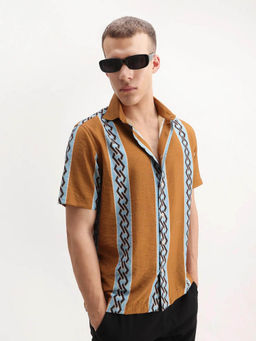 Rare Rabbit - Men's Rold-2 Dusky Mustard Relaxed Fit Printed Shirt