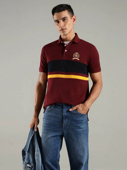 Tommy Hilfiger - Maroon Striped Regular Fit Cotton Polo T-Shirt