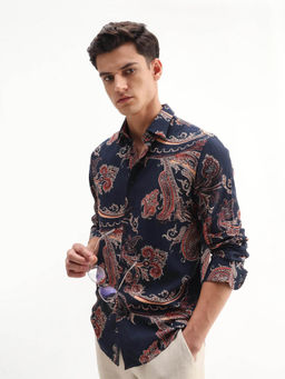 Rare Rabbit - Men's Strom Navy Blue Regular Fit Paisley Print Shirt