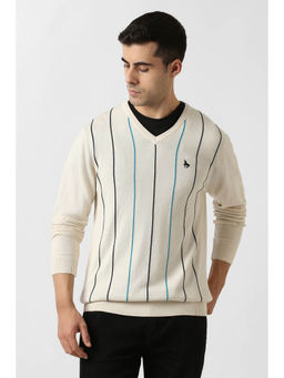 Van Heusen - Men Cream Stripe V Neck Sweater