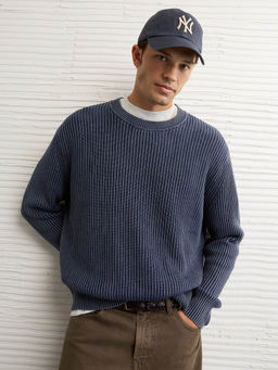 American Eagle - Men Navy Blue Shaker Stitch Sweater