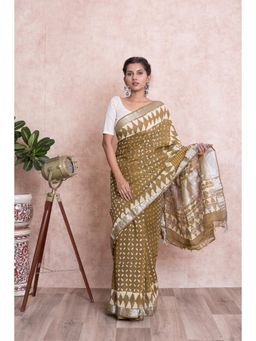 KISHORI - Dabu Geometric Print Cotton Linen Saree with Unstitched Blouse - Green