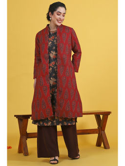 W - Maroon Printed Twill Straight Overcoat