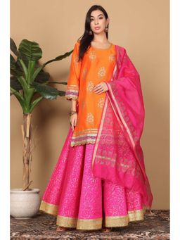 Kaanchie Nanggia - Orange Printed Kurta with Lehenga and Dupatta (Set of 3)