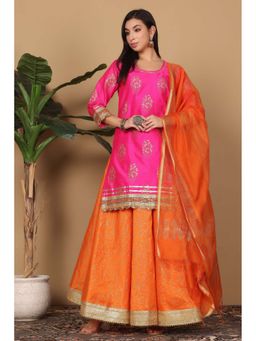 Kaanchie Nanggia - Pink Printed Kurta with Lehenga and Dupatta (Set of 3)