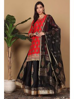 Kaanchie Nanggia - Red Printed Kurta with Lehenga and Dupatta (Set of 3)